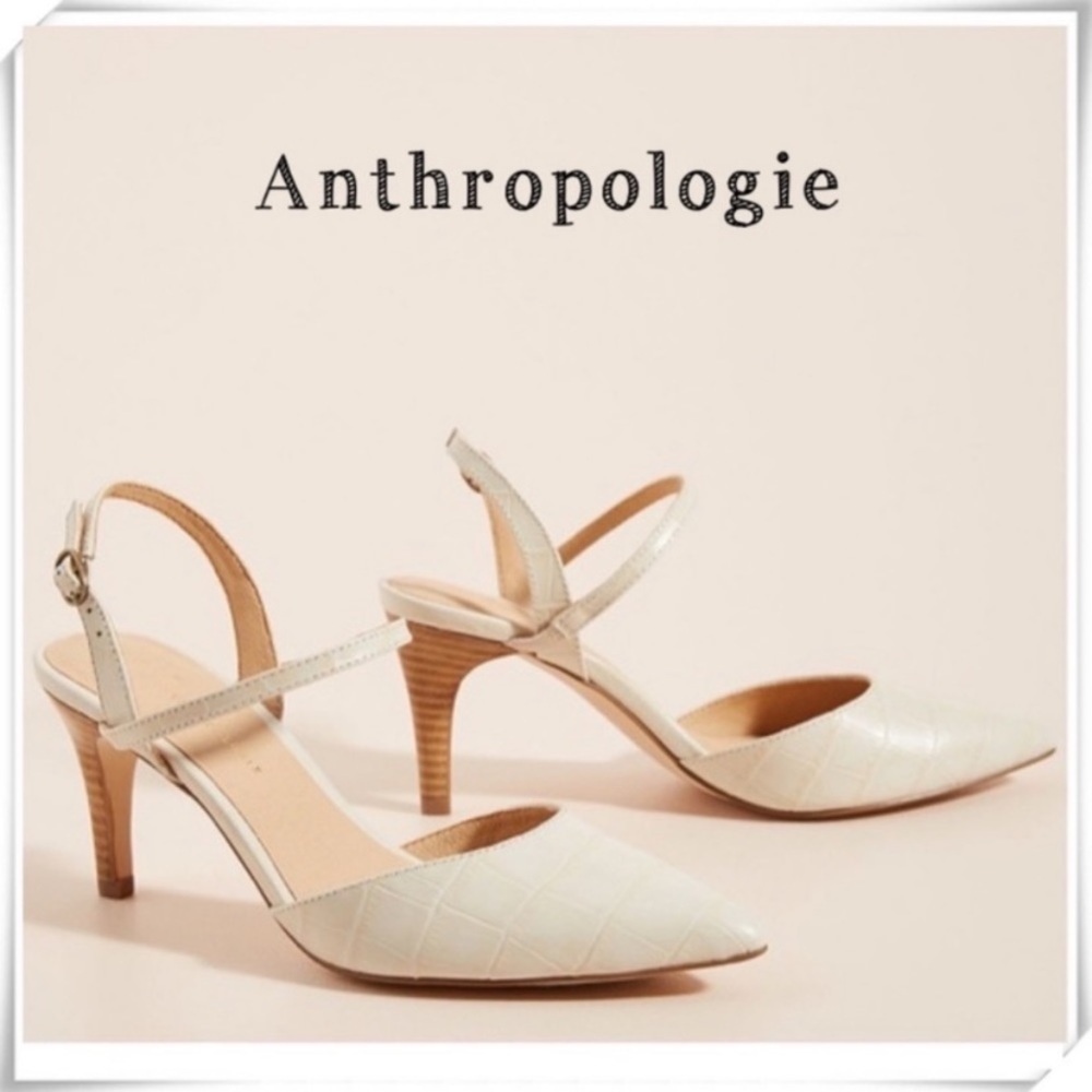 Anthropologie Lucille Coastal Croco Slingback Low Heel Pumps in Cream Ivory
